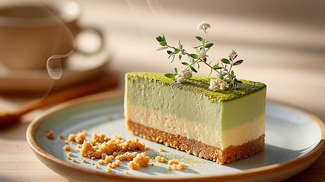 Elegant matcha cheesecake with crumbly base and floral garnish on a sunlit plate