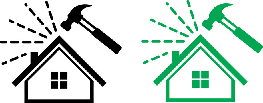 Conceptual icons representing house construction and renovation with hammers - Powered by Adobe
