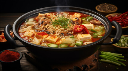 Spicy Tofu Stew with Vegetables and Herbs in Hot Pot