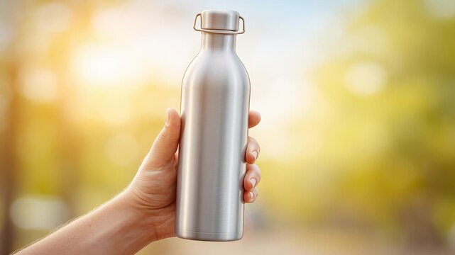 Eco-friendly stainless steel water bottle held outdoors on a sunny day
