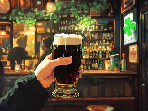 A hand holds a dark beer with foam in a pub setting with shamrock decorations.
