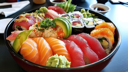 A vibrant bowl of sushi and fresh vegetables, showcasing a colorful and healthy meal.