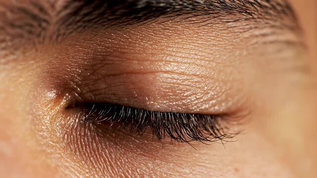 Close up of a human eye with detailed skin texture and eyelashes