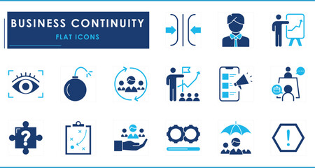 A set of flat icons related to Business continuity. Business, plan, strategy, adaption, solution, vision, risk, deadline, project, announcement, leadership, and so on.