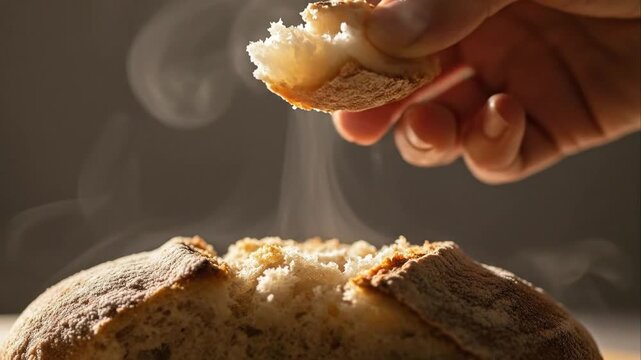 Close up of hand tearing freshly baked bread warm tones