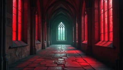 Gothic cloister interior lit with red light from stained glass windows. Arched architecture stone floor illuminated by mysterious crimson glows. Church hallway evokes ancient times, religious places.