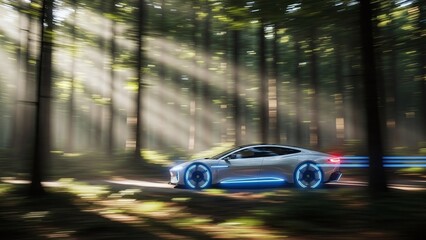 Futuristic Electric Vehicle Driving Through Forest with Motion Blur and Copy Space