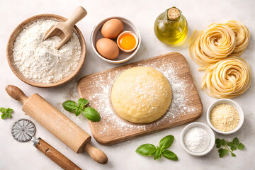 Fototapeta premium Homemade Pasta Ingredients Flat Lay with Fresh Dough Ball, Flour, Eggs, Olive Oil, Tagliatelle Nests and Herbs on Light Kitchen Table