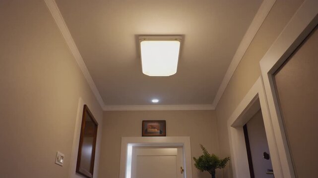 Interior hallway ceiling light fixture with doors and artwork.