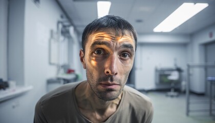 Man with glowing lines on forehead in a sterile environment.