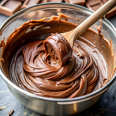 Close-up of chocolate dough being mixed in a bowl