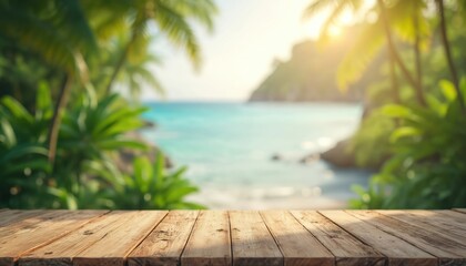 Fototapeta premium Empty wooden table on tropical beach with ocean view. Palm trees and rich greenery frame the blurred seascape. Perfect for summer product placement or relaxed vacation themes.