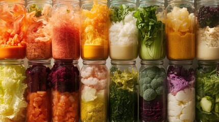 A vibrant collection of assorted fermented foods displayed in clear glass jars, featuring a colorful array of textures and hues from vegetables.