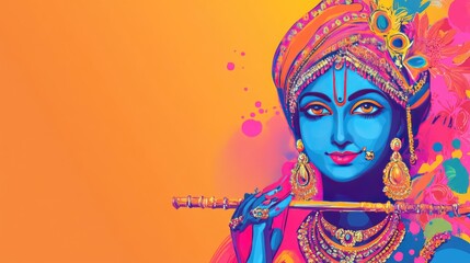 A vibrant depiction of Lord Krishna adorned with traditional jewelry and colorful attire, showcasing beauty and devotion against a bright background.