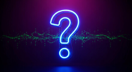 Illuminated blue question mark, surrounded by binary code on a gradient purple background, representing inquiry, problem-solving and technology