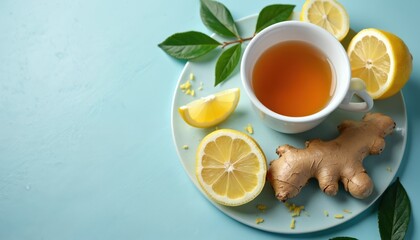 Tea cup with ginger root and lemon slices on blue plate. Refreshing beverage promotes wellness, comfort and relaxation. Herbal tea for digestion, remedy, detox, immunity and health.