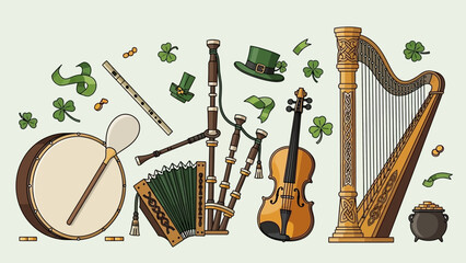 Assorted traditional Irish musical instruments and cultural symbols arranged on a light background with shamrocks and a top hat