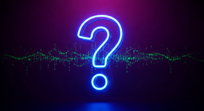 Illuminated blue question mark, surrounded by binary code on a gradient purple background, representing inquiry, problem-solving and technology - Powered by Adobe