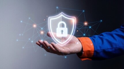 Hand holding digital security shield with network connections and data protection concept