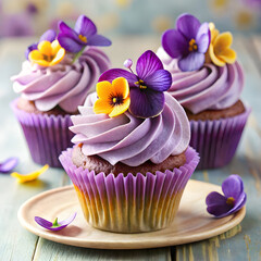 Vibrant purple cupcake decorated with delicate butterfly and pansy flowers