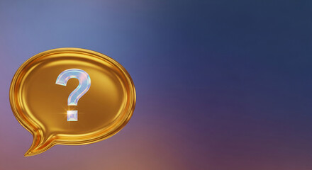 Golden speech bubble with iridescent question mark, showing a concept of help, question, confusion, support, feedback, FAQ and solution; free space