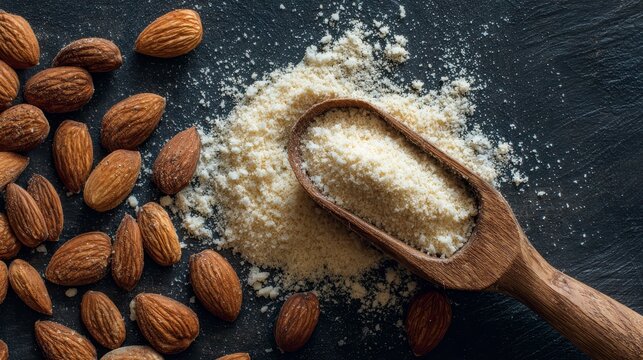 A close-up shot of almonds and almond flour next to a wooden scoop on a dark surface, creating a contrast