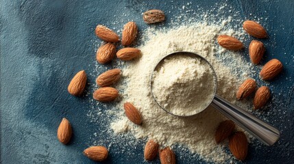 A close-up shot of scattered almonds, almond flour, and a scoop on a textured blue surface