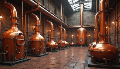 Distillery interior shows copper tanks, pipe system for alcohol production. Brewery hall machinery, metal containers for whisky distillation. Alcohol beverage industrial equipment in factory.