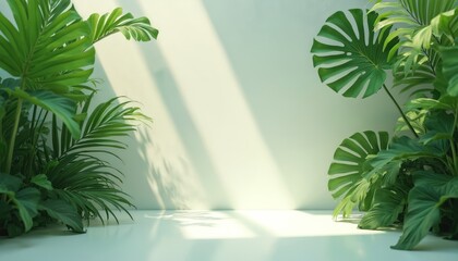 Fototapeta premium Minimalist background features tropical green plants. Botanical backdrop with light enhances product display. Clean studio setting fits eco brands, wellness, spa themes. Fresh foliage offers organic