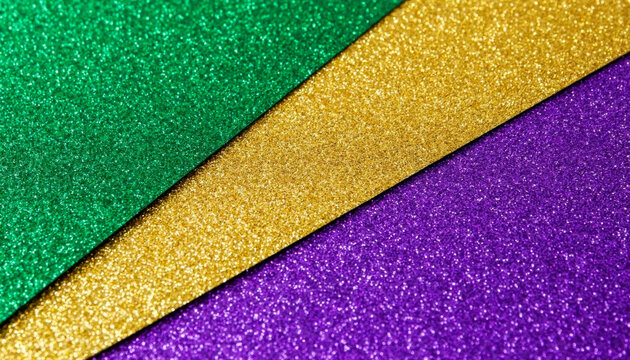 Close-up of overlapping shimmering textured surfaces in Mardi Gras colors, sharply focused and under bright studio lighting.