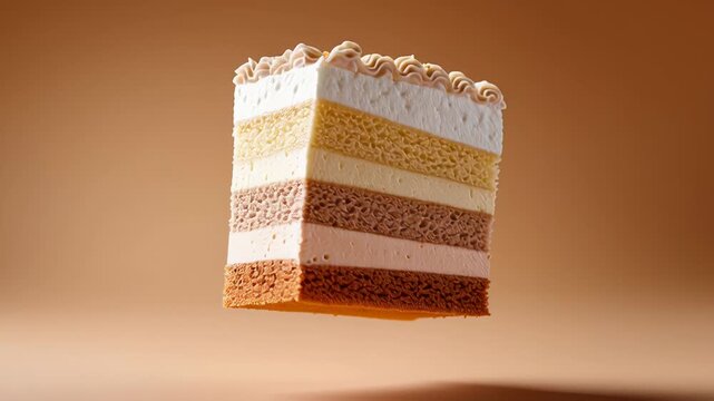 Floating layered cake slice with chocolate and vanilla in brown background