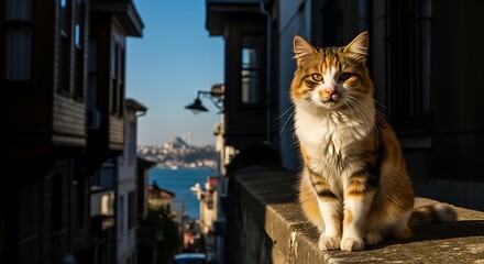 Calico cat sits on wall with city view and water.