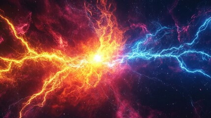 A vibrant explosion of color showcasing cosmic energy and electric currents in a dramatic nebula backdrop