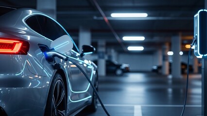Futuristic Electric Car Connected to Charging Station At The Park