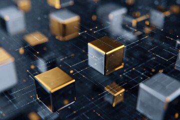 Golden Cubes in Digital Realm: A visually striking digital rendering of a network of interconnected golden cubes. Representing innovation, technology, and futuristic concepts. 