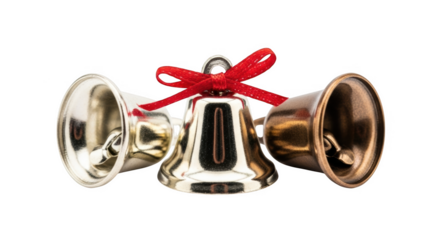 Three small jingle bells with red ribbon tied in a bow isolated on a transparent background tiny
