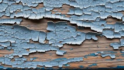 Faded blue paint peeling on an old weathered wooden surface revealing rustic texture