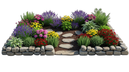Colorful Flower Garden Bed with Stone Path and Border