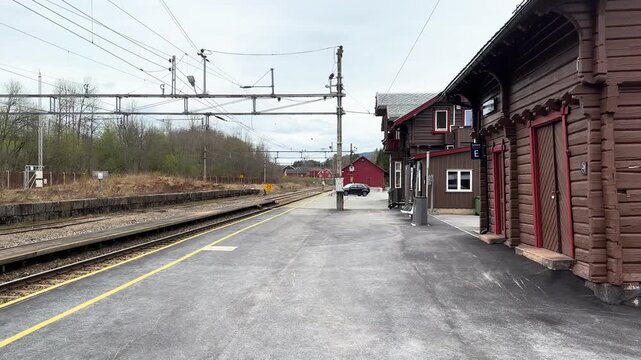 parallel tracks sit under electric lines traditional wooden station buildings sparse countryside muted spring colors characterize scene norway nature forest overhead near railway train 