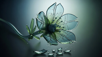 A delicate glass flower with intricate cracks and falling shards
