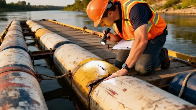 Technician inspecting worn pontoons on a floating bridge ensuring stability and safety during routine maintenance by the riverbank