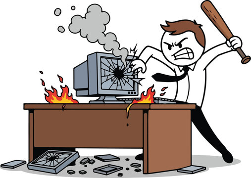 Angry businessman destroying computer with baseball bat office rage.