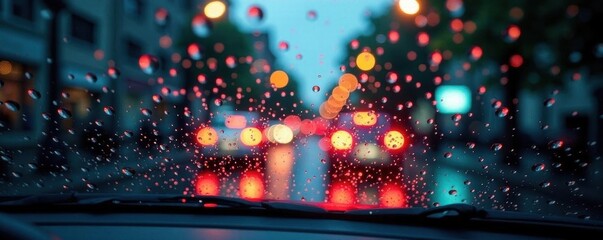 Numerous small raindrops adhere to car windshield, shiny, spray