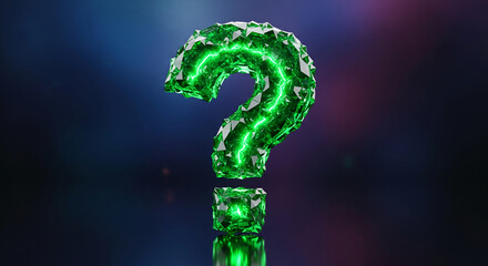Glowing green question mark made of crystal shards with energy, reflecting on dark surface, concept of uncertainty, inquiry, and problem-solving