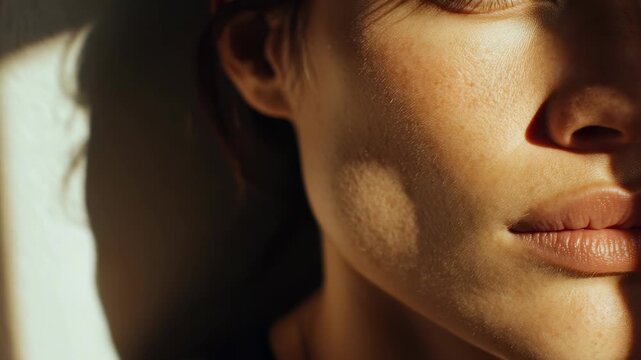 Close up portrait of a young woman with natural skin texture and soft sunlight casting gentle shadows on her face. Minimalist beauty concept with focus on lips and cheekbone details