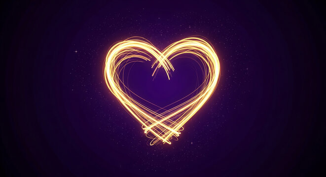 Golden heart shape formed with bright light trails against a starry dark purple background, representing love, romance, and Valentine's Day concept - Powered by Adobe