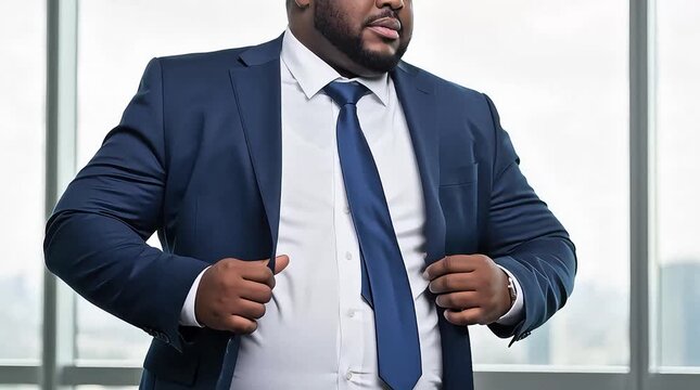 Confident businessman standing with hands on hips in office, overweight man in suit and tie, city view background, 4k video footage