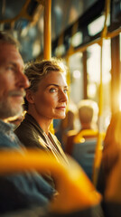 woman gazes thoughtfully out the window of a bus bathed in warm, golden sunlight, capturing a quiet, introspective moment during a public transit ride