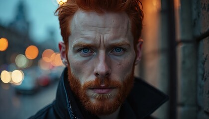 Red haired man with blue eyes looks intently. He stands in city street at dusk. Blurred lights form bokeh background behind his head. He wears dark coat.