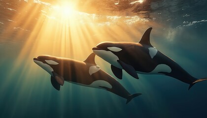 Two orcas swim in clear blue ocean water. Sunlight rays pierce the depths illuminating the majestic marine mammals as they glide gracefully. Underwater scene showcases beauty of wild sea life.